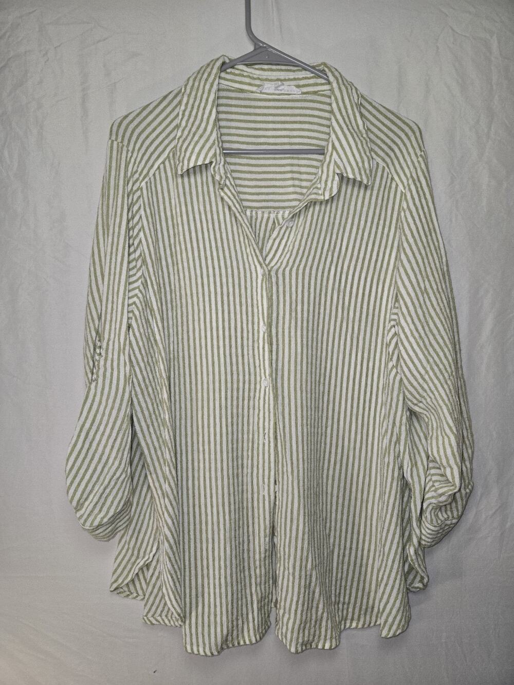Jane + Delancey Green Striped Blouse Top US Womens Plus Size 1X Roll Tab